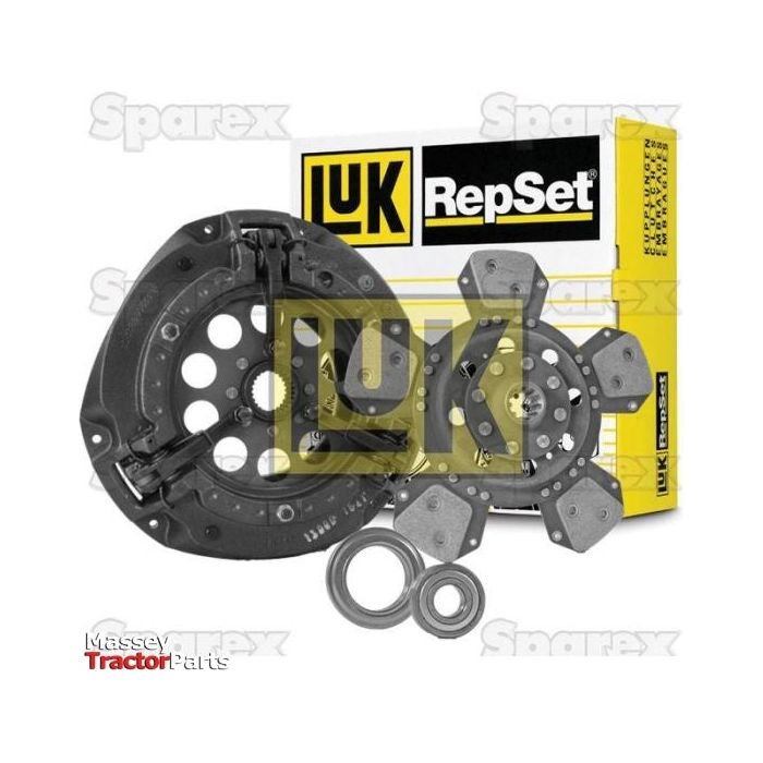 Image showcases the Clutch Kit with Bearings - S.146892 from Sparex, featuring multiple components including a cerametallic disc, set against a yellow Luk RepSet branded box. Logos for Luk and Massey Tractor Parts are visible in the background.