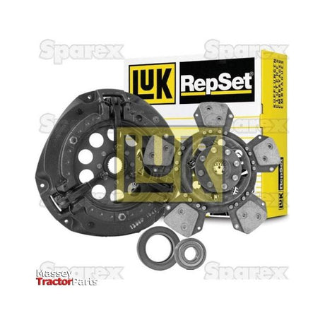 Image of a Clutch Kit with Bearings - S.146894 by Sparex, featuring a clutch plate, clutch disc (including a Cerametallic Disc for enhanced durability), release bearing, and packaging box. The background includes the text "Sparex" and "Massey Tractor Parts.