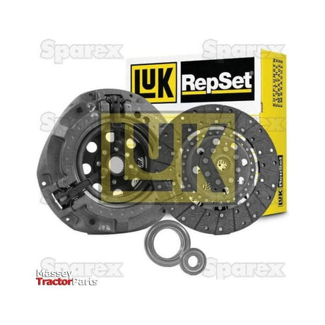 Clutch Kit with Bearings - S.146900 by Sparex featuring a pressure plate, organic disc material, and release bearing with packaging in the background. Text overlay reads "Sparex" and "Massey Tractor Parts".