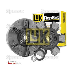 Image of a Sparex Clutch Kit with Bearings (S.146910) with a yellow and black box in the background, including various clutch components such as a 310/310mm pressure plate, clutch disc, release bearing, and installation parts.