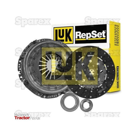 The Sparex Clutch Kit with Bearings - S.146936, featuring a 320mm Single Cover and designed for a Flat Flywheel Type, includes a pressure plate, clutch disc, and bearings. It’s all packaged in front of a yellow and black branded box by Sparex.