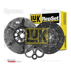 Image of a Sparex Clutch Kit with Bearings (S.146944) for vehicles, featuring a clutch disc, pressure plate, and other components with dual cover design, displayed alongside the product packaging in the background.