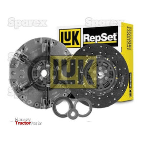 Image of a Clutch Kit with Bearings (S.146950) by Sparex, featuring a 310/310mm clutch disc, pressure plate, and release bearings. The branded packaging box is visible in the background with the Sparex logo and Massey Tractor Parts branding.