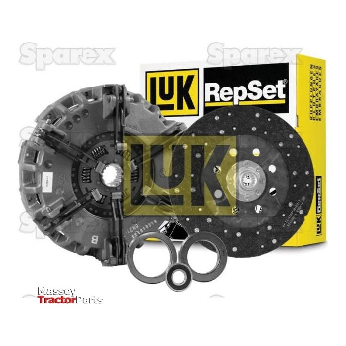 Image of a Sparex Clutch Kit with Bearings (Sparex Part No. S.146992) for tractors, including clutch disc, pressure plate, bearings, and a yellow Sparex branded box in the background. Massey Tractor Parts logo visible in the corner. Ideal for Claas AXOS models.