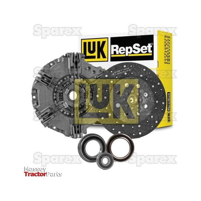 Clutch Kit with Bearings - S.146994 including pressure plate, clutch disc, and three bearings placed in front of a yellow LuK RepSet packaging box. The dual cover is designed for durability. "Sparex" and "Massey Tractor Parts" logos are overlaid on the image.