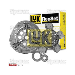 The Clutch Kit with Bearings | Sparex Part No. S.147006, featuring multiple components such as a pressure plate, clutch disc, and bearings, is showcased against a white background alongside a branded yellow and black box labeled LuK RepSet. This kit is ideal for Massey Ferguson tractors and brought to you by the trusted brand Sparex.
