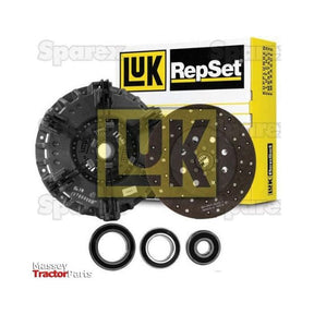 The Clutch Kit with Bearings (S.147013) from Sparex is shown with its components, including a 310mm dual cover clutch disc, pressure plate, and release bearings, all arranged in front of the product packaging. The logos of Massey Tractor Parts and Sparex are prominently visible.