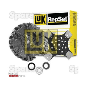 A Sparex Clutch Kit with Bearings (S.147033) showcases several components, such as a clutch disc, pressure plate, and release bearing, arranged neatly in front of the product box. Its dual cover design guarantees robust performance for vehicles with different cover sizes.
