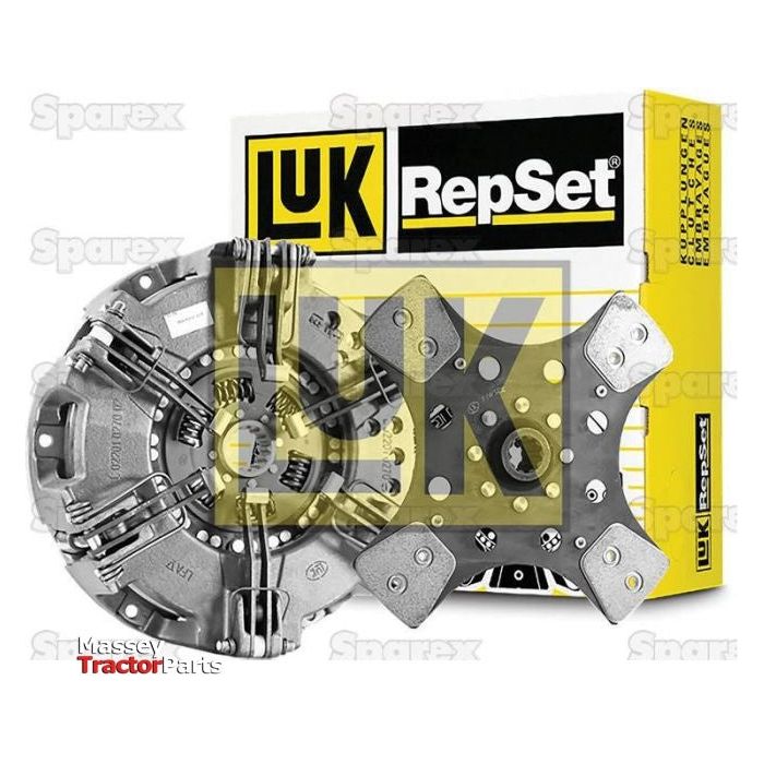 Image of a Sparex Clutch Kit with Bearings (Sparex Part No. S.147037) featuring a cerametallic pressure plate, clutch disc, and branded packaging in the background.