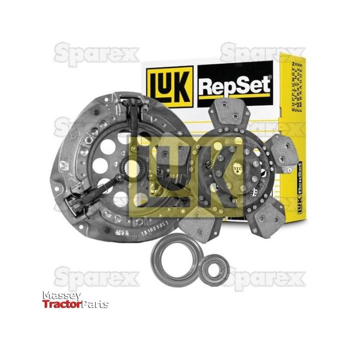 Image of a Sparex Clutch Kit with Bearings (S.147039) featuring various components such as a pressure plate, clutch disc, and bearings. The packaging box is displayed in the background with the Sparex logo and highlights the single cover design for added durability.