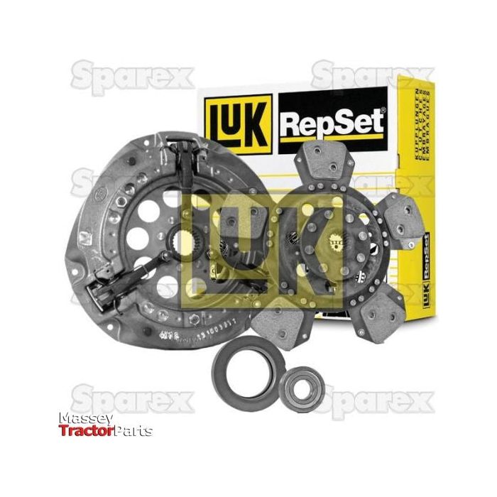 Image shows a Sparex S.147040 Clutch Kit with Bearings, featuring components such as a pressure plate, clutch disc, release bearing, and an alignment tool displayed in front of the product's branded packaging. The single cover and cerametallic materials ensure durability and reliable performance.