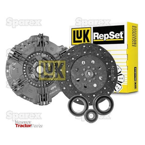 Image of a Sparex Clutch Kit with Bearings - S.147042, featuring a single cover clutch pressure plate, cerametallic loose disc, release bearing, and other components. The product box is visible in the background.