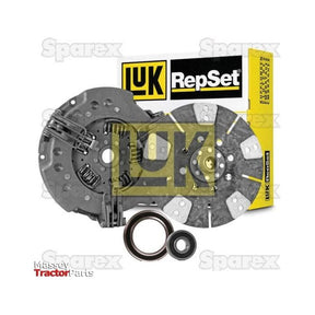 A Sparex Clutch Kit with Bearings - S.147045 is displayed, featuring a cerametallic disc alongside clutch discs and bearings. The yellow and black packaging with the Sparex logo is visible in the background.