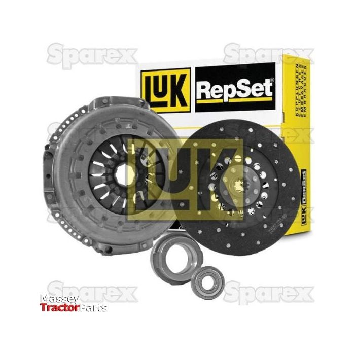 A Sparex Clutch Kit with Bearings (S.147047), featuring a 310mm cover size, includes a pressure plate, clutch disc, and release bearing, with its packaging in the background.