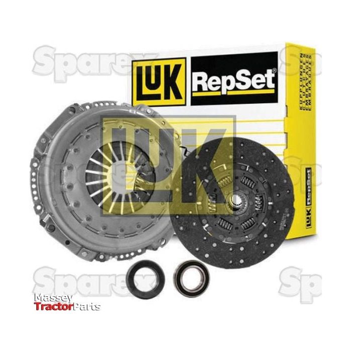 A Sparex Clutch Kit with Bearings (S.147060) for vehicles, featuring a 310mm single cover, an organic loose disc, a pressure plate, release bearing, and an alignment tool is displayed. The package comes in yellow and black with LUK branding.