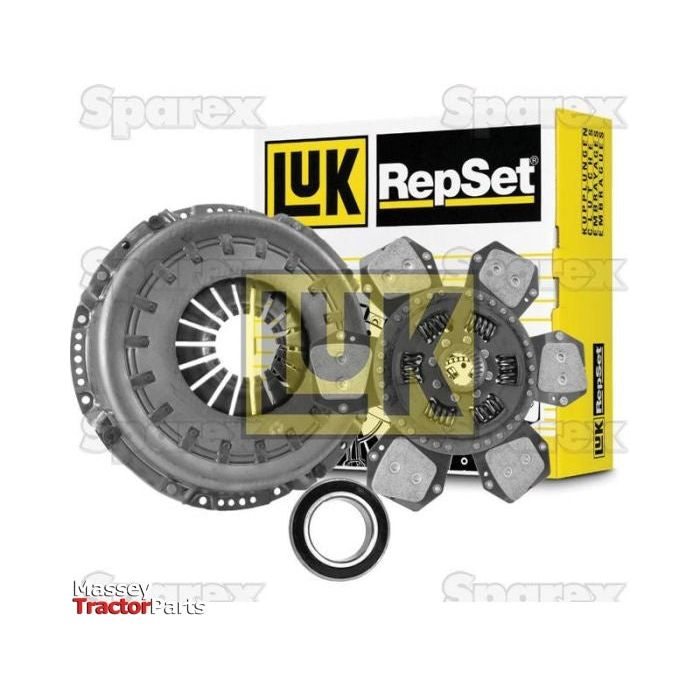 A Clutch Kit with Bearings - S.147066 packaging from Sparex, showcasing a visible clutch disc, pressure plate, and release bearing, is placed against a white background. The "Sparex" logo is prominently displayed along with the "Massey Tractor Parts" logo. This single cover size features durable cerametallic components for enhanced performance.