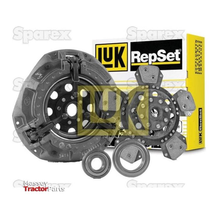 Sparex Clutch Kit with Bearings - S.147072, complete with pressure plate, clutch disc, and release bearings, displayed in front of its packaging alongside a cerametallic loose disc for improved performance.