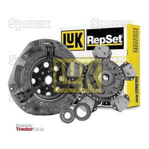 A boxed Sparex Clutch Kit with Bearings - S.147075 is displayed, featuring its individual components including a pressure plate, organic captive disc, dual segment cushion, and bearings.