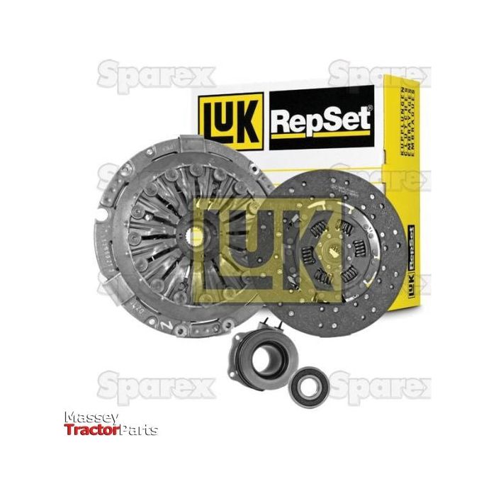 Image of a Sparex Clutch Kit with Bearings - S.147091 consisting of a clutch plate, pressure plate, release bearing, and alignment tool, with yellow and black packaging in the background. This Sparex brand kit includes a 320mm cover size and is designed as a single cover type for optimal performance.