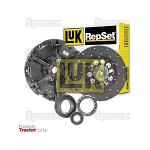 Sparex Clutch Kit with Bearings - S.147098, featuring a cerametallic captive disc along with the clutch disc, pressure plate, release bearing, and pilot bearing, shown with branded packaging box in background.