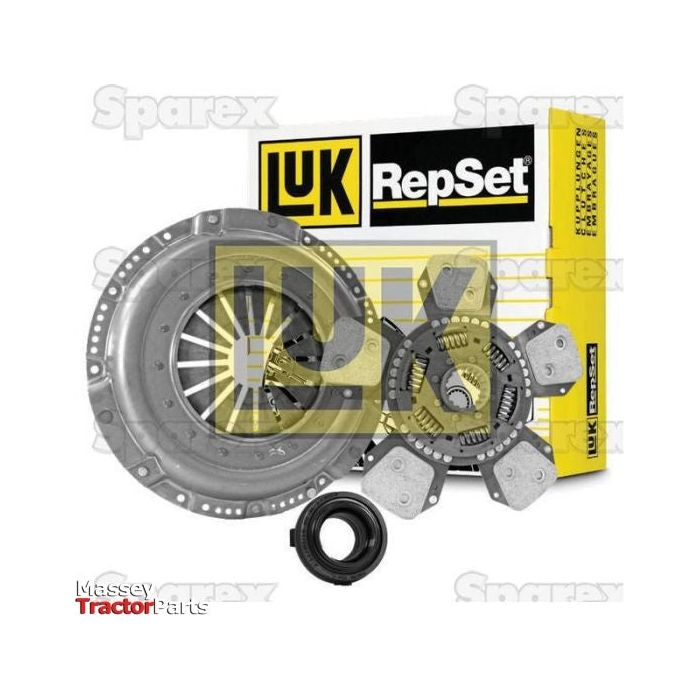 A Clutch Kit with Bearings - S.147101 by Sparex, featuring a cerametallic loose disc, pressure plate, release bearing, and pilot bearing, is displayed in front of yellow and black packaging. Text: "Sparex" and "Messey Tractor Parts" are visible on the image.