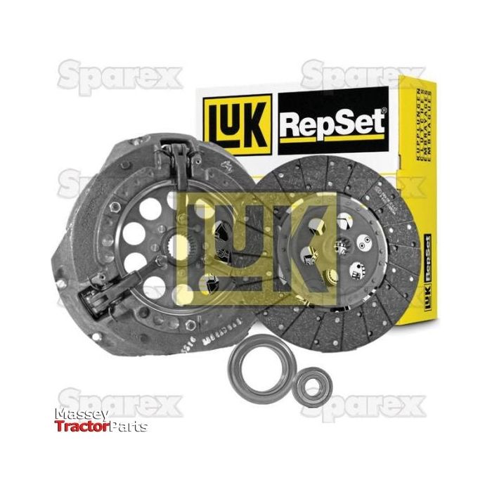 Sparex Clutch Kit with Bearings - S.147105, including clutch disc, pressure plate, and release bearings, shown with packaging in the background. Featuring a durable cover for enhanced performance.