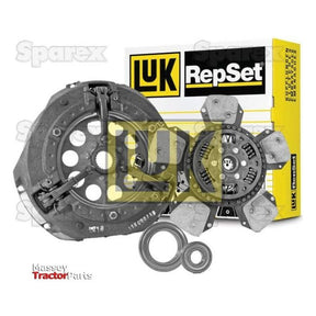 A Sparex Clutch Kit with Bearings - S.147109, complete with a pressure plate, flat flywheel, clutch disc, and two additional components, is displayed in front of its signature yellow and black packaging.