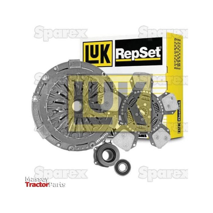 The Sparex Clutch Kit with Bearings - S.147116, featuring a single cover, pressure plate, clutch disk, and release bearings, is displayed in front of a branded yellow and white box.