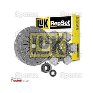 Sparex Clutch Kit with Bearings (S.147118) for tractors, featuring a torsion sprung disc, clutch cover, pressure plate, dual segment cushion clutch disc, release bearing, pilot bearing, and alignment tool—all pictured against a white background with branded packaging.