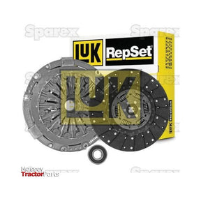 The Sparex Clutch Kit with Bearings - S.147120 includes a pressure plate, clutch disc, and release bearing, all showcased in front of its branded packaging. The cover size ensures compatibility for various applications.