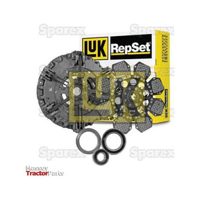 Sparex Clutch Kit with Bearings - S.147124 shown in packaging, featuring discs, pressure plate, and seals. The background displays logos for Sparex and Massey Tractor Parts. This kit includes a Dual Cover design and Cerametallic Captive Disc for enhanced durability.