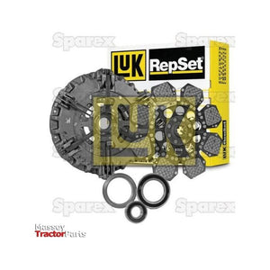 Sparex Clutch Kit with Bearings - S.147124 shown in packaging, featuring discs, pressure plate, and seals. The background displays logos for Sparex and Massey Tractor Parts. This kit includes a Dual Cover design and Cerametallic Captive Disc for enhanced durability.