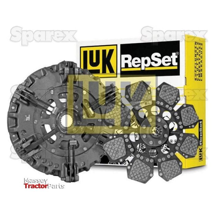 Image of a Sparex Clutch Kit with Bearings - S.147125 for tractors, showcasing the cerametallic clutch plate and dual cover pressure plate. Packaging and branding details are visible in the background.