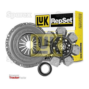 A Sparex S.147131 Clutch Kit with Bearings includes a cerametallic disc, potted flywheel, pressure plate, throw-out bearing, and is packaged in a box labeled "Sparex." The image displays technical components against a plain background.