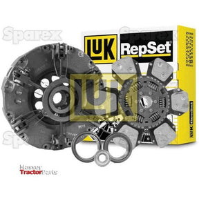 The Sparex Clutch Kit with Bearings - S.147136, featuring a torsion sprung clutch disc, includes a pressure plate, release bearings, and an installation guide. The packaging is yellow and black with "RepSet" branding.