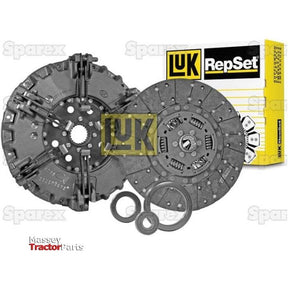 Image of a Sparex Clutch Kit with Bearings - S.147152, featuring an organic material clutch disc, pressure plate, release bearing, and pilot bearing, all with the packaging box in the background.