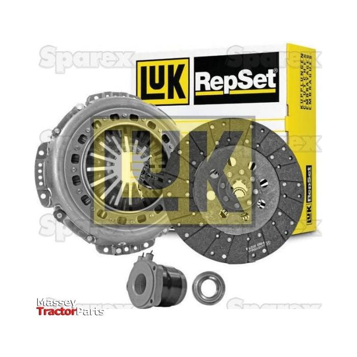 Sparex Clutch Kit with Bearings - S.147162 featuring a pressure plate, Organic Loose Disc, LUK Cover, release bearing, and pilot bearing, with product packaging in the background.