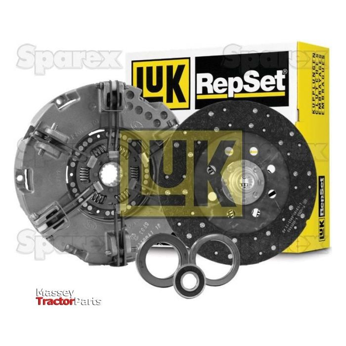 Image of a Sparex Clutch Kit with Bearings - S.147176, featuring a pressure plate, dual cover clutch disc, release bearing, and pilot bearing, with the packaging box displayed behind the components.