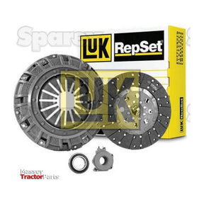 A Sparex Clutch Kit with Bearings - S.147188, featuring a pressure plate, friction disc, and release bearing, displayed in front of its branded packaging. This set is compatible with various flywheel types and includes components made from high-quality loose disc material to ensure durability and performance.