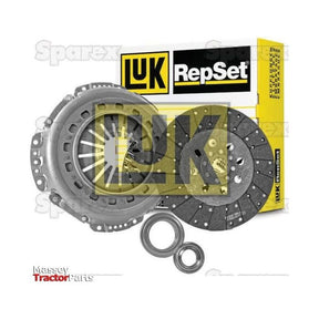 Image of a Sparex Clutch Kit with Bearings - S.147195, featuring a pressed steel housing, including a pressure plate, organic loose disc, and release bearings, with the box packaging in the background.
