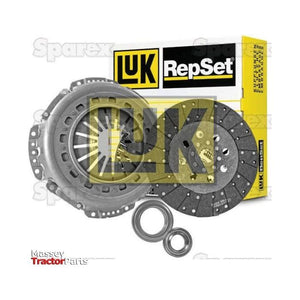 Image of a Sparex Clutch Kit with Bearings - S.147195, featuring a pressed steel housing, including a pressure plate, organic loose disc, and release bearings, with the box packaging in the background.