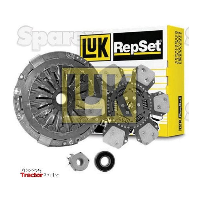 Displayed next to its packaging, the Sparex Clutch Kit with Bearings - S.147202 includes a clutch disc, pressure plate, and additional components. Ideal for enhancing the performance of your John Deere 3650 with its dual segment cushion design.