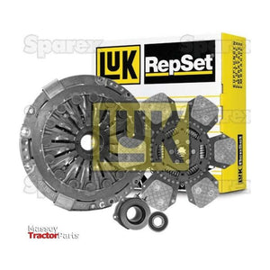 Image of a Sparex Clutch Kit with Bearings (S.147204), showcasing a 327mm Single Cover Type pressure plate, clutch disc, and additional components, with packaging visible in the background. Ideal for John Deere 3650.
