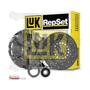 The Sparex Clutch Kit with Bearings - S.147211, featuring a cerametallic captive disc, is displayed with its disc, pressure plate, and bearings against a branded box.