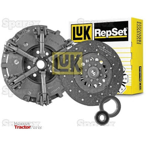 Image of a Sparex Clutch Kit with Bearings - S.147212 featuring a Cerametallic clutch disc, pressure plate, release bearing, and pilot bearing, with packaging in the background. The image logo includes "Massey Tractor Parts.
