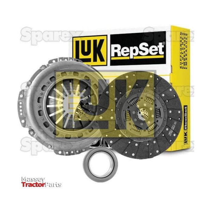 Image of a Sparex Clutch Kit with Bearings - S.147218, featuring a pressure plate, organic loose disc, and transmission bearing, with the product box in the background. The Massey Tractor Parts logo is visible at the bottom left.