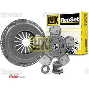 Image of a Sparex clutch kit with bearings (S.147220) for a Massey tractor, featuring various parts such as the pressure plate, cerametallic loose disc, torsion sprung clutch disc, and release bearing. The kit is displayed next to a yellow and white Luk branded box.