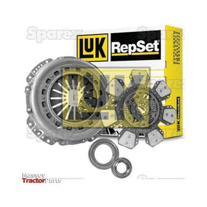 Image of the Sparex Clutch Kit with Bearings - S.147221 for tractors, featuring a cerametallic clutch disc, pressure plate, release bearing, and pilot bearing. The torsion sprung components are positioned in front of the product packaging.