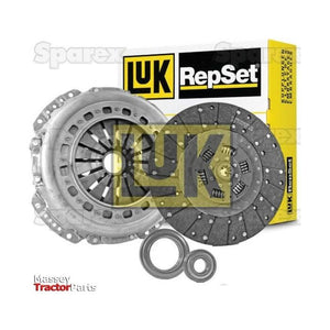 Image of a Sparex Clutch Kit with Bearings - S.147222, featuring a pressure plate, cover clutch disc, release bearing, and alignment tool, with packaging visible in the background.