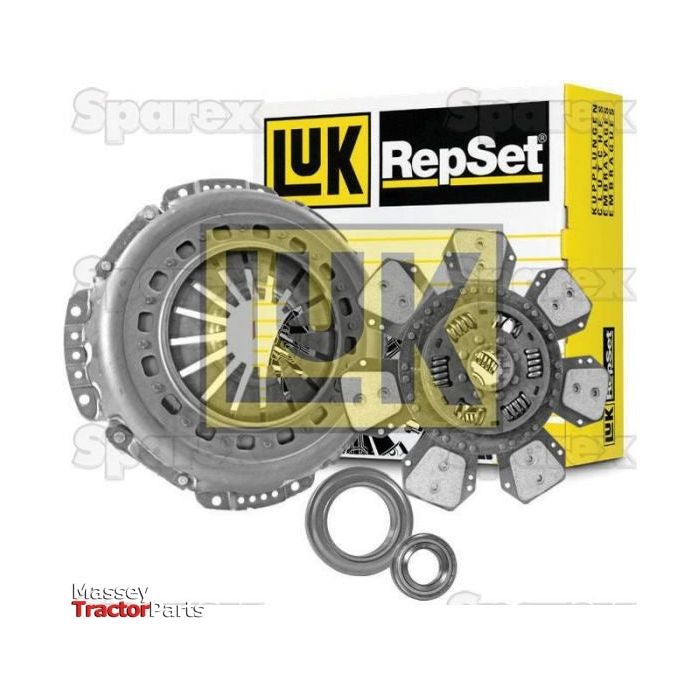 A Sparex Clutch Kit with Bearings - S.147228, which includes a cerametallic disc, pressure plate, release bearing, and pilot bearing, is displayed with the original packaging in the background.